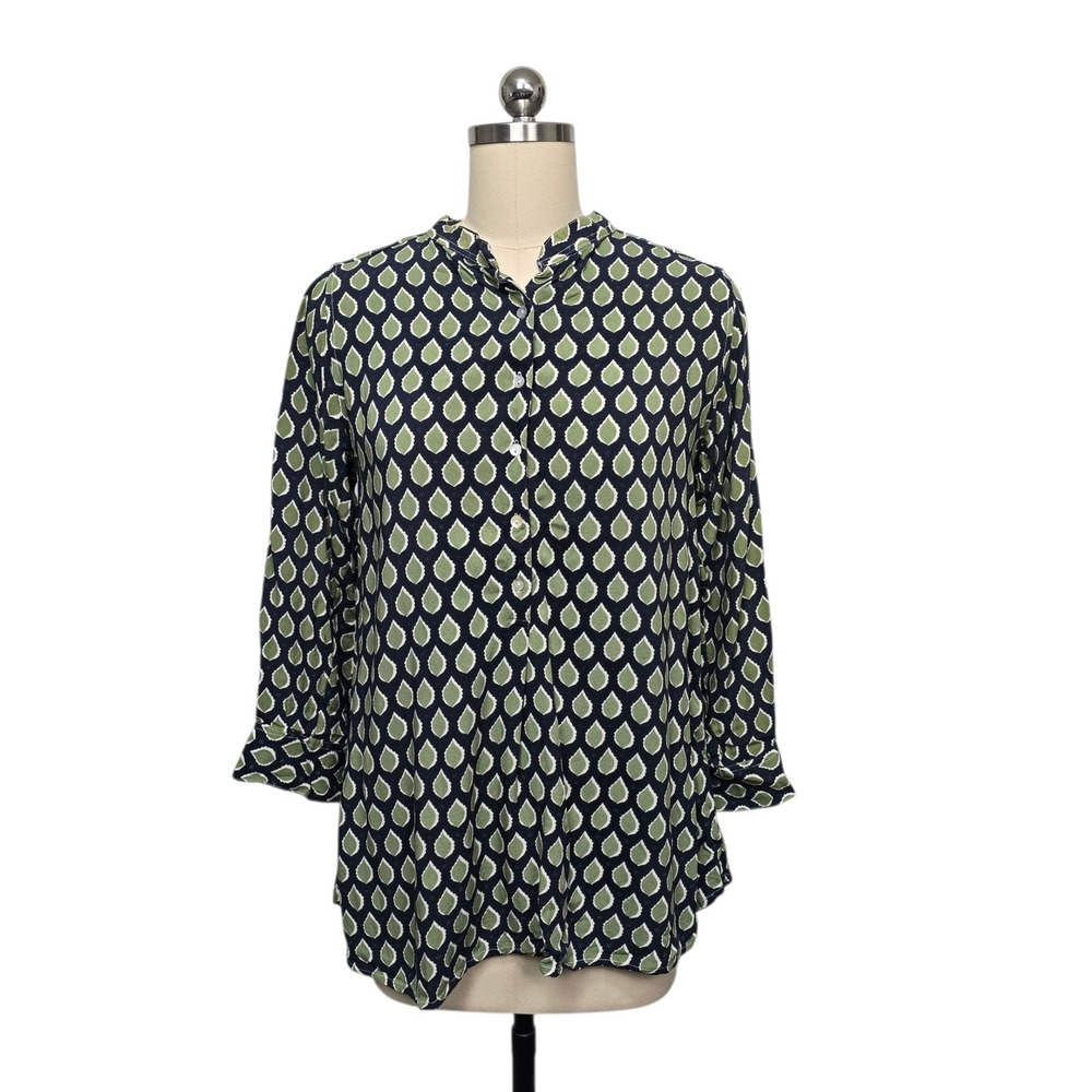 Rock Flower Paper Womens Medium Button‎ Down Shirt Navy Green Leaf Print Rayon